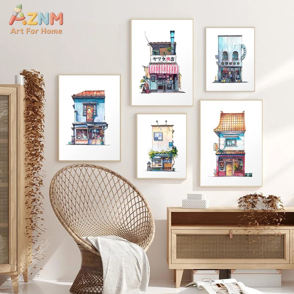 Home Decor Shop - AZNM 日本の店頭水彩画キャンバスウォールアート東京ストリートショッププリント家の装飾