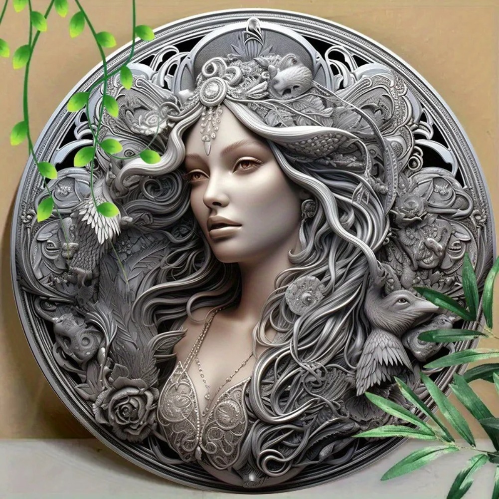 Home Decor Shop - ラウンドメタルアルミニウムマーク - 壁装飾アートステッカー - ホーム、コーヒーショップ、オフィスの装飾用の魅力的な女神デザイン