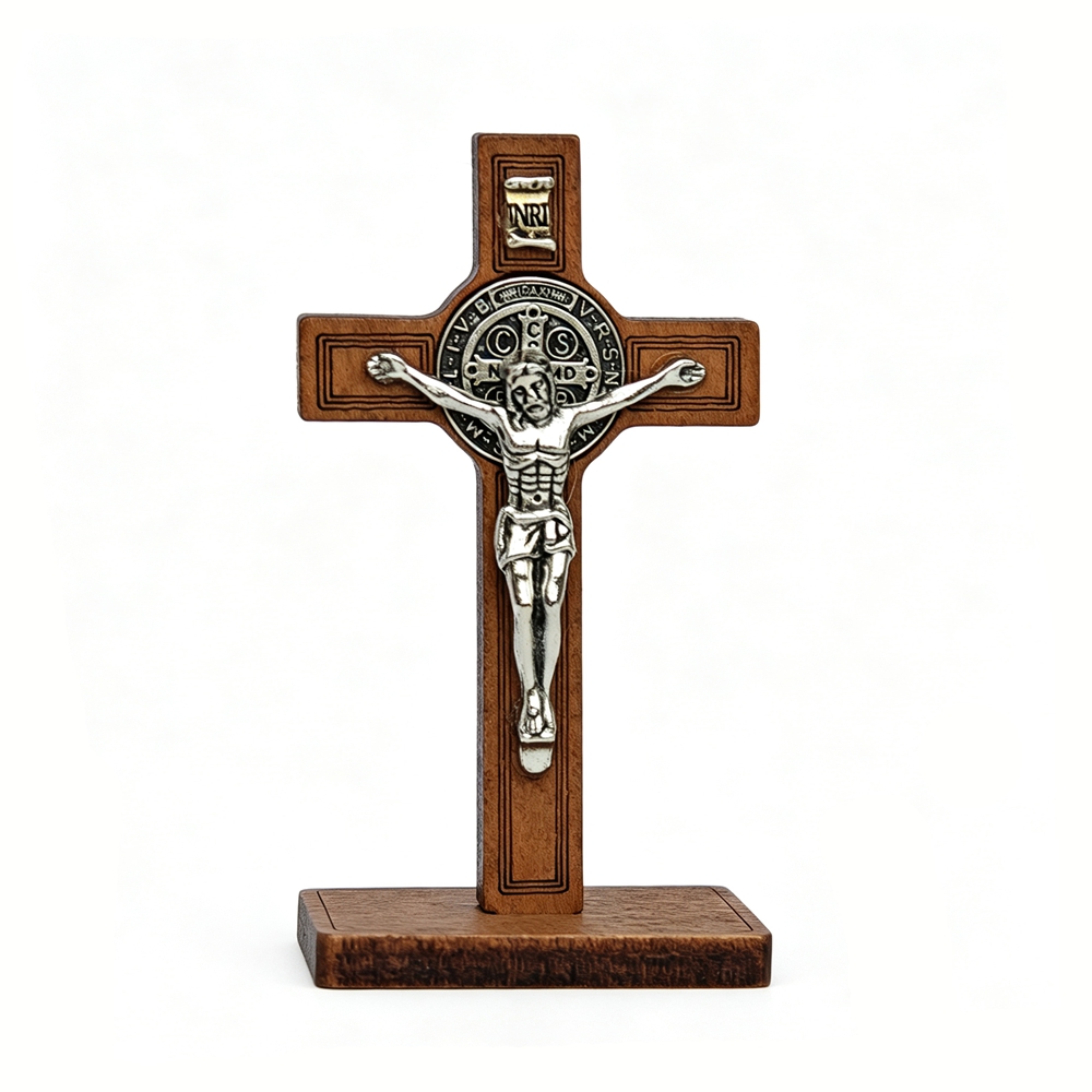 Home Decor Nz - 聖ベネディクト立像十字架 木製十字架 ベース付き イエス・キリスト像 カトリック宗教装飾品 教会