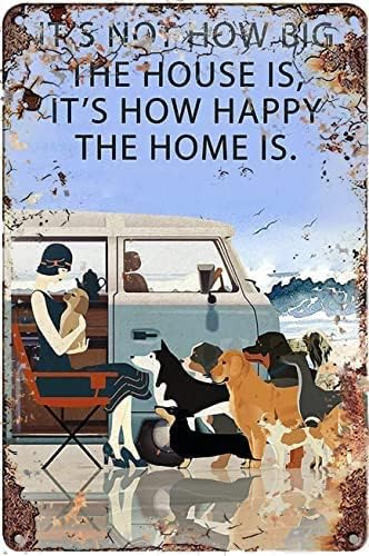 Home Decor How To - ヴィンテージ風ブリキ看板メタルプレートビーチ「家はとても幸せです」犬好きのための鉄製絵画レトロ壁飾りポスターホテルカフェギフト用
