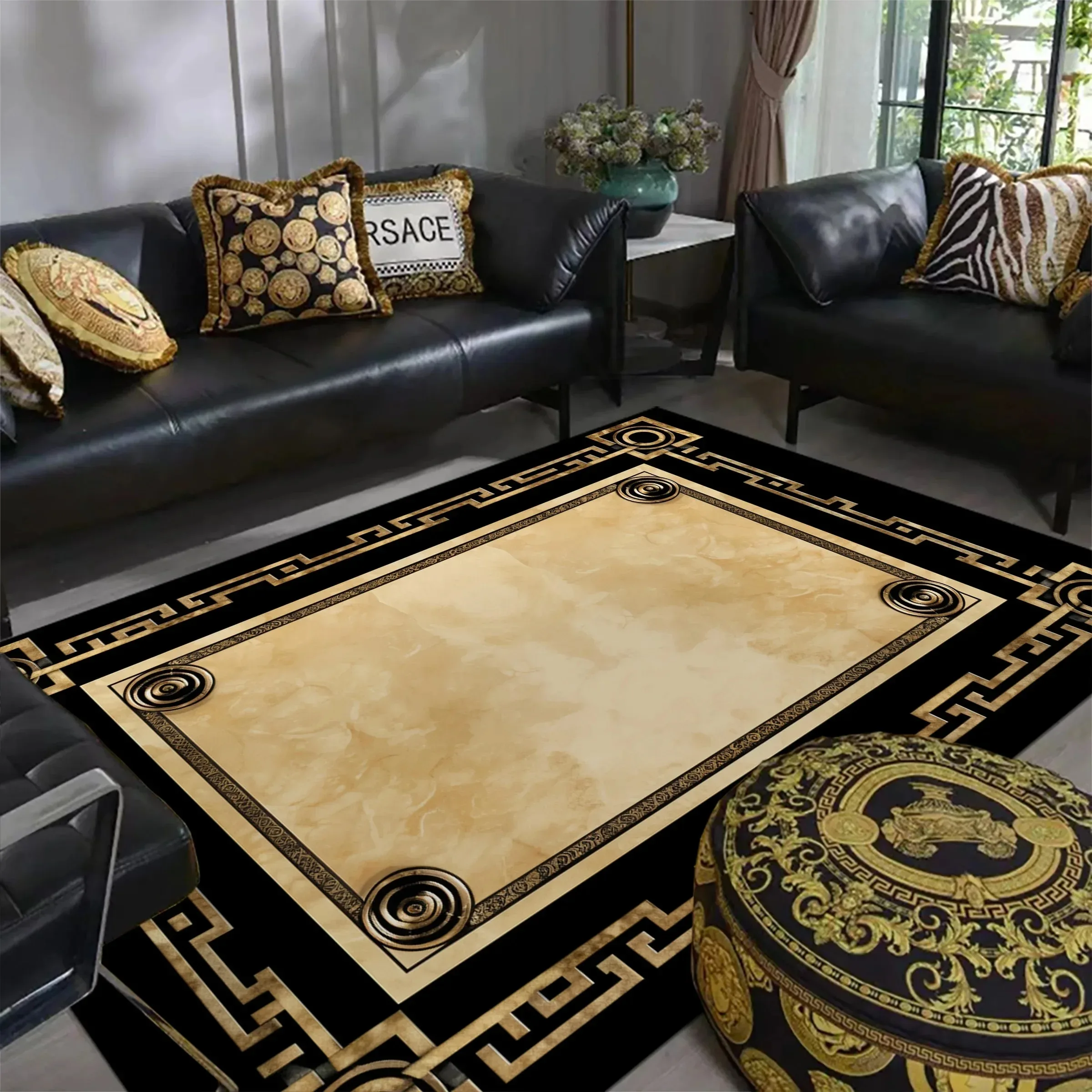 Home Decor Ig - EGM 2025 高級ブラックゴールド大型カーペット リビングルーム ホーム 洗える寝室用ラグ