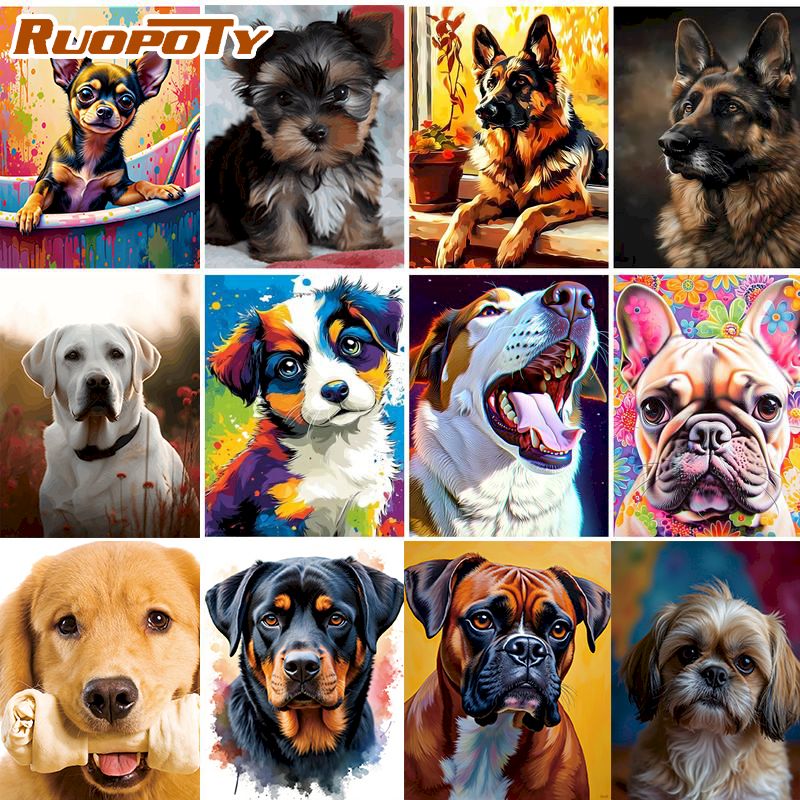 Home Decor Diy Ideas - RUOPOTY 犬のダイヤモンドペインティング ホームデコレーションギフト DIYアイデア 動物 フルラウンド/スクエア