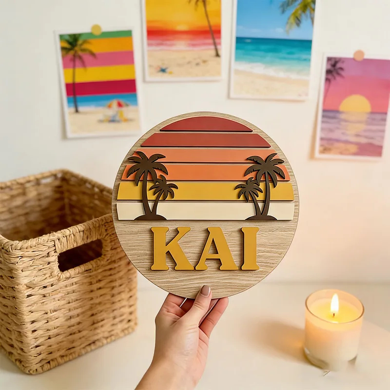 Wooden Letter Sign - カスタマイズ可能な丸型ヴィンテージビーチサンセットヤシの木名入り木製サイン3Dレターウォールプレート、家のビーチハウス、ティキバーの装飾に