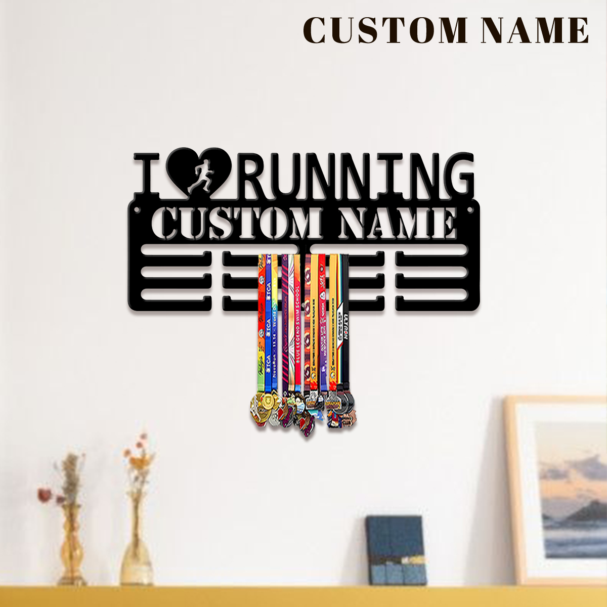 Home Decor For Wedding - カスタム「I Love Running」メタルメダルディスプレイラック、バレンタインギフト、部屋の装飾用、バスケットボール、サッカーの練習に最適