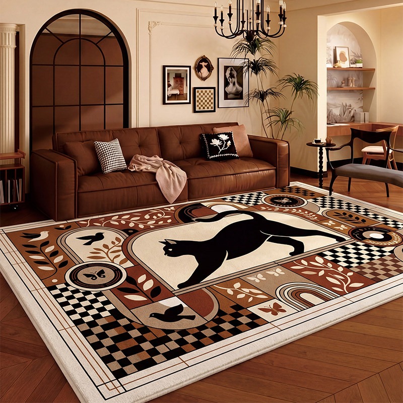 Home Decor Ig - チェッカーボード柄黒猫リビングルームカーペットアニマル大判コーヒーテーブルプラッシュマットヴィンテージ高級IGベッドルームラグアルフォンブラ 러그