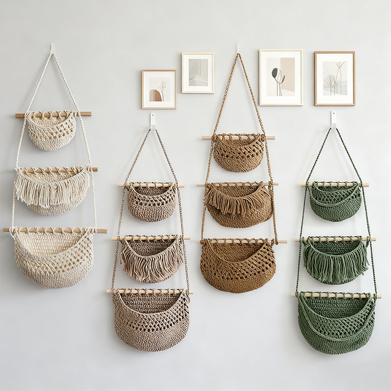 手織り綿ロープ3段収納ラック、壁掛け＆ドア掛けバスケット、素 - Woven Wall Basket のレビューと価格