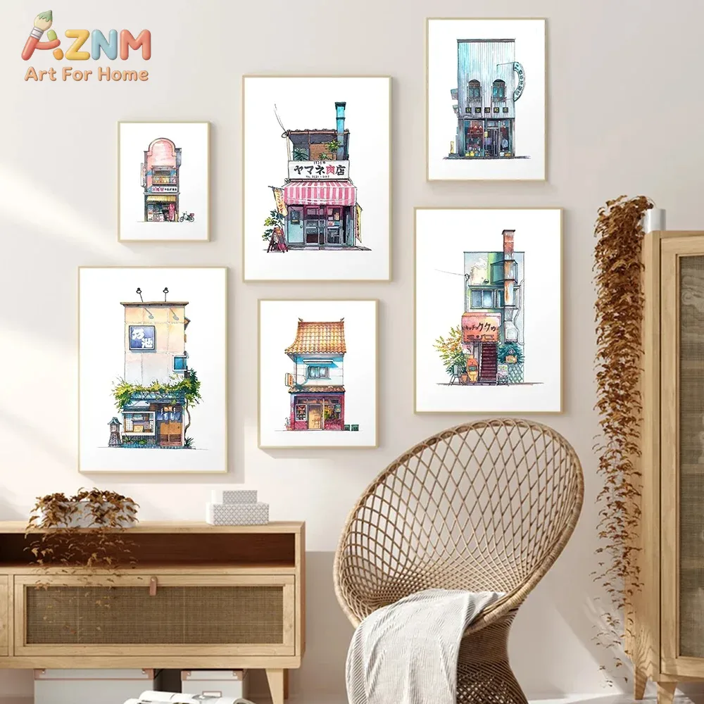 AZNM 日本の店頭水彩画キャンバスウォールアート東京ストリ - Home Decor Shop のレビューと価格