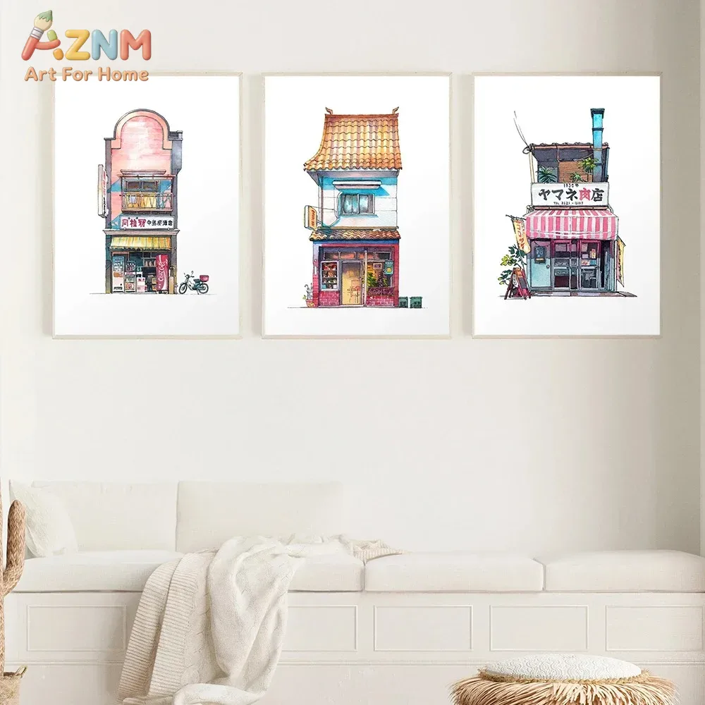 AZNM 日本の店頭水彩画キャンバスウォールアート東京ストリ - Home Decor Shop のレビューと価格