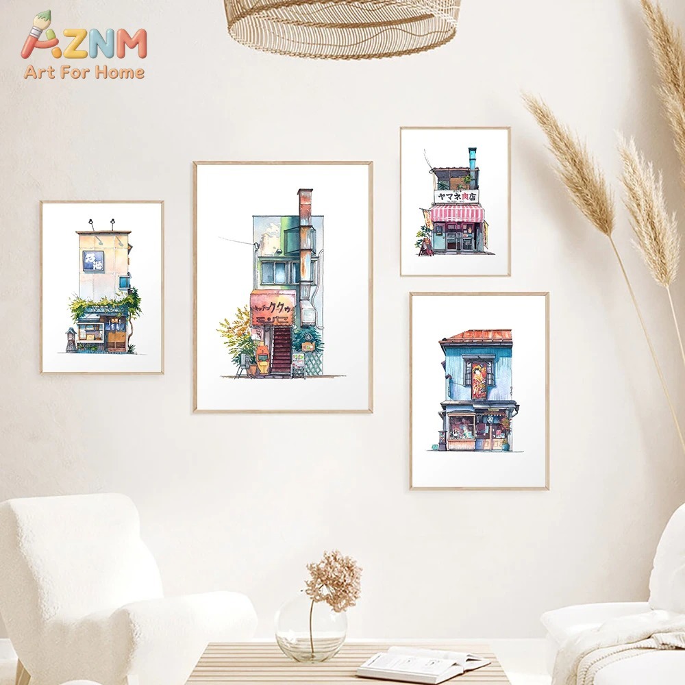 AZNM 日本の店頭水彩画キャンバスウォールアート東京ストリ - Home Decor Shop のレビューと価格