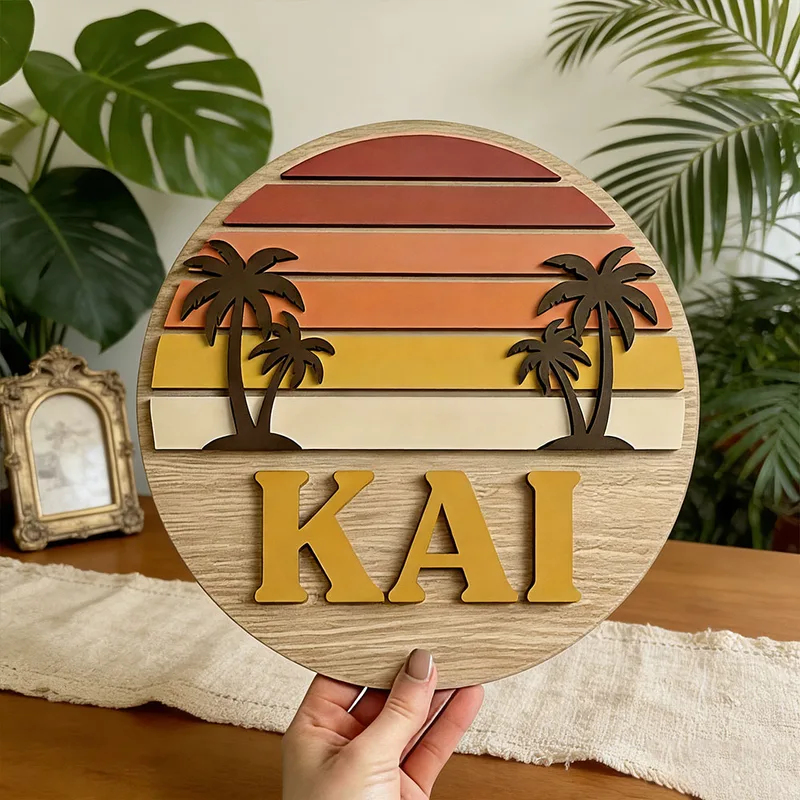 カスタマイズ可能な丸型ヴィンテージビーチサンセットヤシの木名 - Wooden Letter Sign のレビューと価格