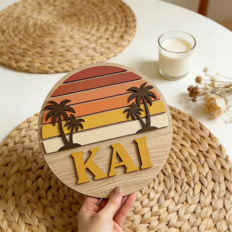 カスタマイズ可能な丸型ヴィンテージビーチサンセットヤシの木名 - Wooden Letter Sign のレビューと価格
