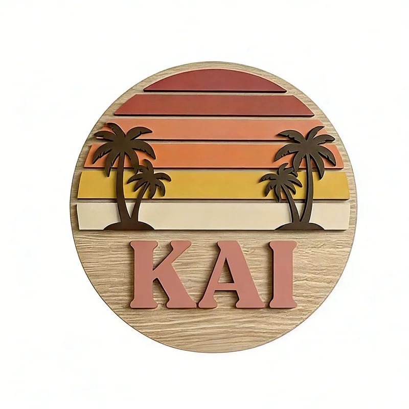 カスタマイズ可能な丸型ヴィンテージビーチサンセットヤシの木名 - Wooden Letter Sign のレビューと価格
